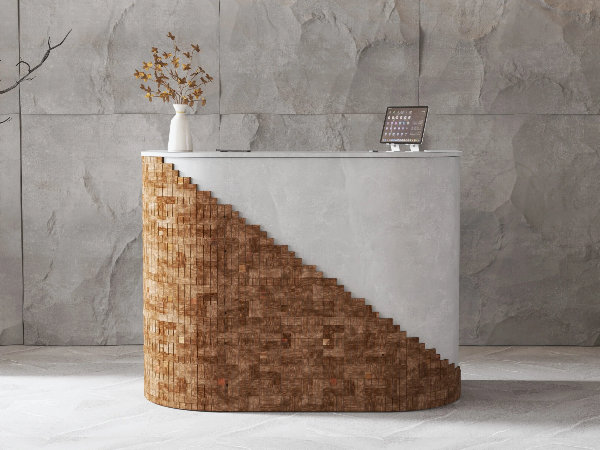 Lada recepcyjna z drewnem